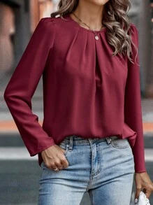 EMERY ROSE Áo Sơ Mi Dài Tay Cổ Tròn Màu Trơn - Màu Đỏ Sâu - Xem 3