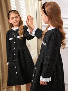SHEIN Vestido de mangas compridas para meninas pré-adolescentes, com guarnições em renda no decote e nos punhos, outono/inverno - Preto - Visão 5