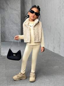 SHEIN Girls' Casual All-Match Plush Vest,  Stand Collar Long Sleeve Top, And Leggings Warm 3 Pieces Set, Fashionable - Apricot - View 1