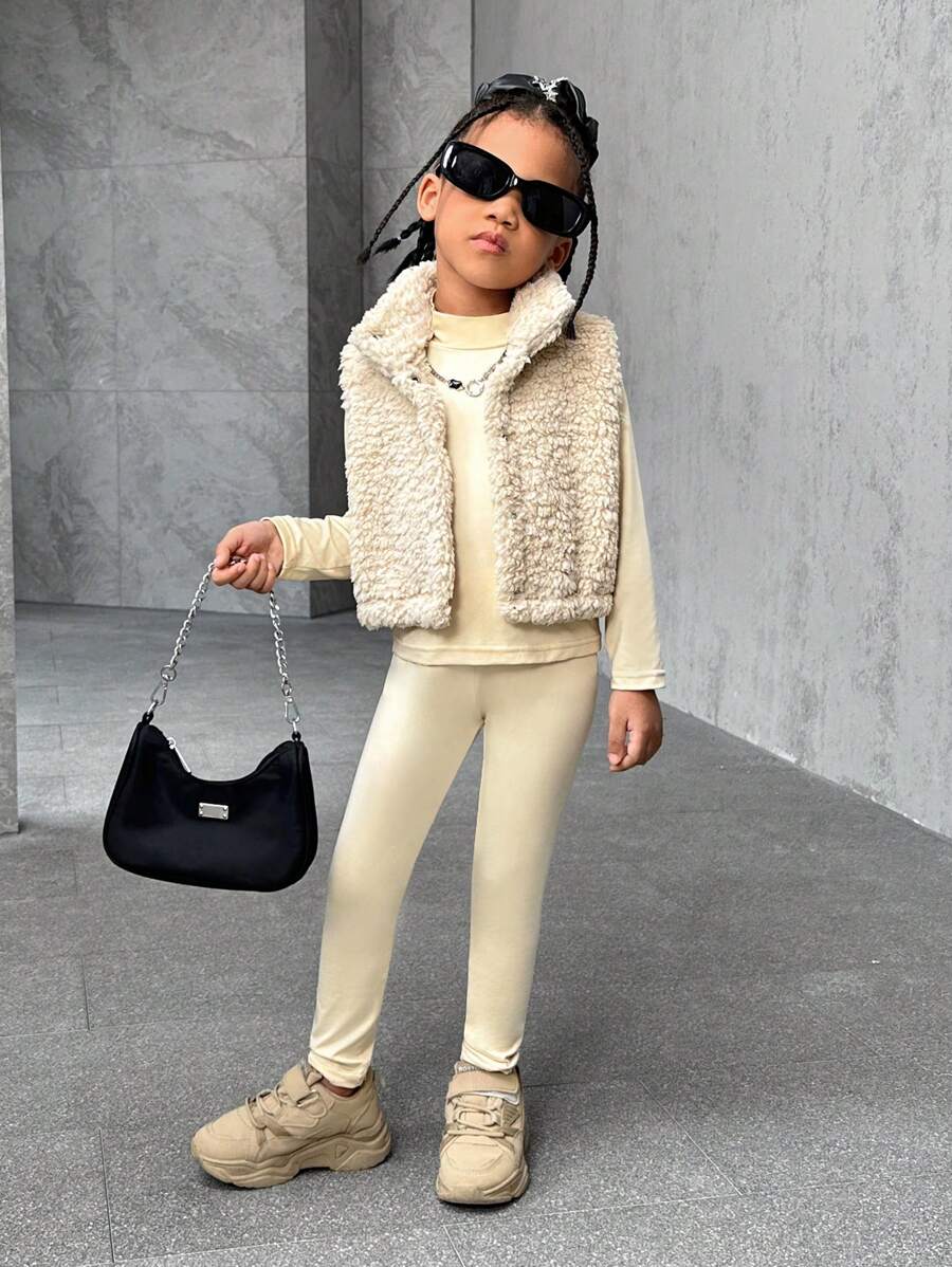 SHEIN Girls' Casual All-Match Plush Vest,  Stand Collar Long Sleeve Top, And Leggings Warm 3 Pieces Set, Fashionable - Apricot - View 1