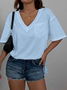Muchica Áo cổ chữ V trễ vai xuyên thấu, kỳ nghỉ thông thường - Màu xanh nhạt - Xem 1