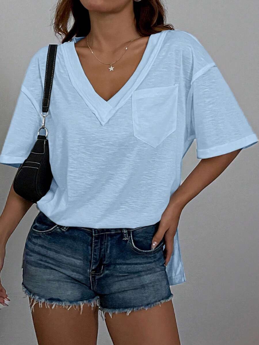 Muchica Áo cổ chữ V trễ vai xuyên thấu, kỳ nghỉ thông thường - Màu xanh nhạt - Xem 1