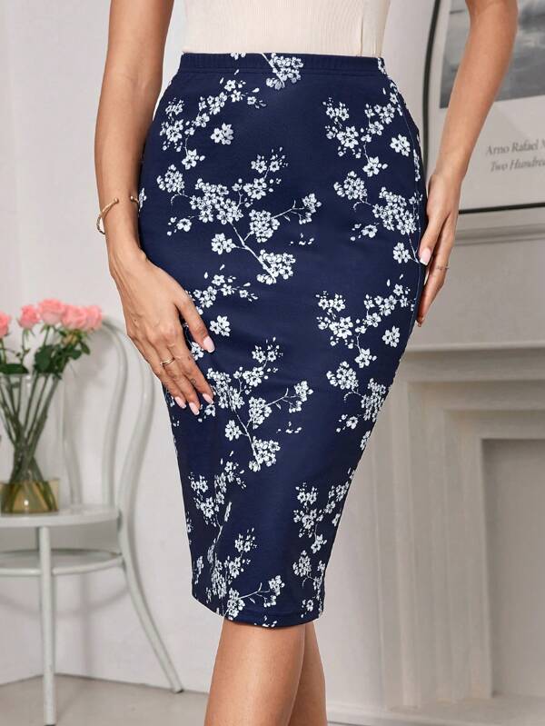 SHEIN Clasi Falda de punto elegante con estampado floral azul y blanco para mujer con bolsa para la cadera