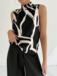 SHEIN Privé Women's High-Neck Sleeveless Printed Top With Ruffled Edges, Casual Wear - Multicolor - View 3