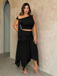 SHEIN BAE Plus-size dames zomer zoete vakantie dating witte gebreide tubetop met asymmetrische zoom en design sense rok 2 stuks/set