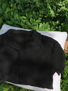 Comfortcana Camisa corta Y2K con pliegues, estilo Primavera/Verano - Negro - Ver 3