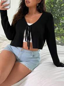 Flirla Plus Size V-Neck Tie Long Sleeve Solid Color Simple Design Daily Casual Elegant Soft Cardigan - Black - View 5