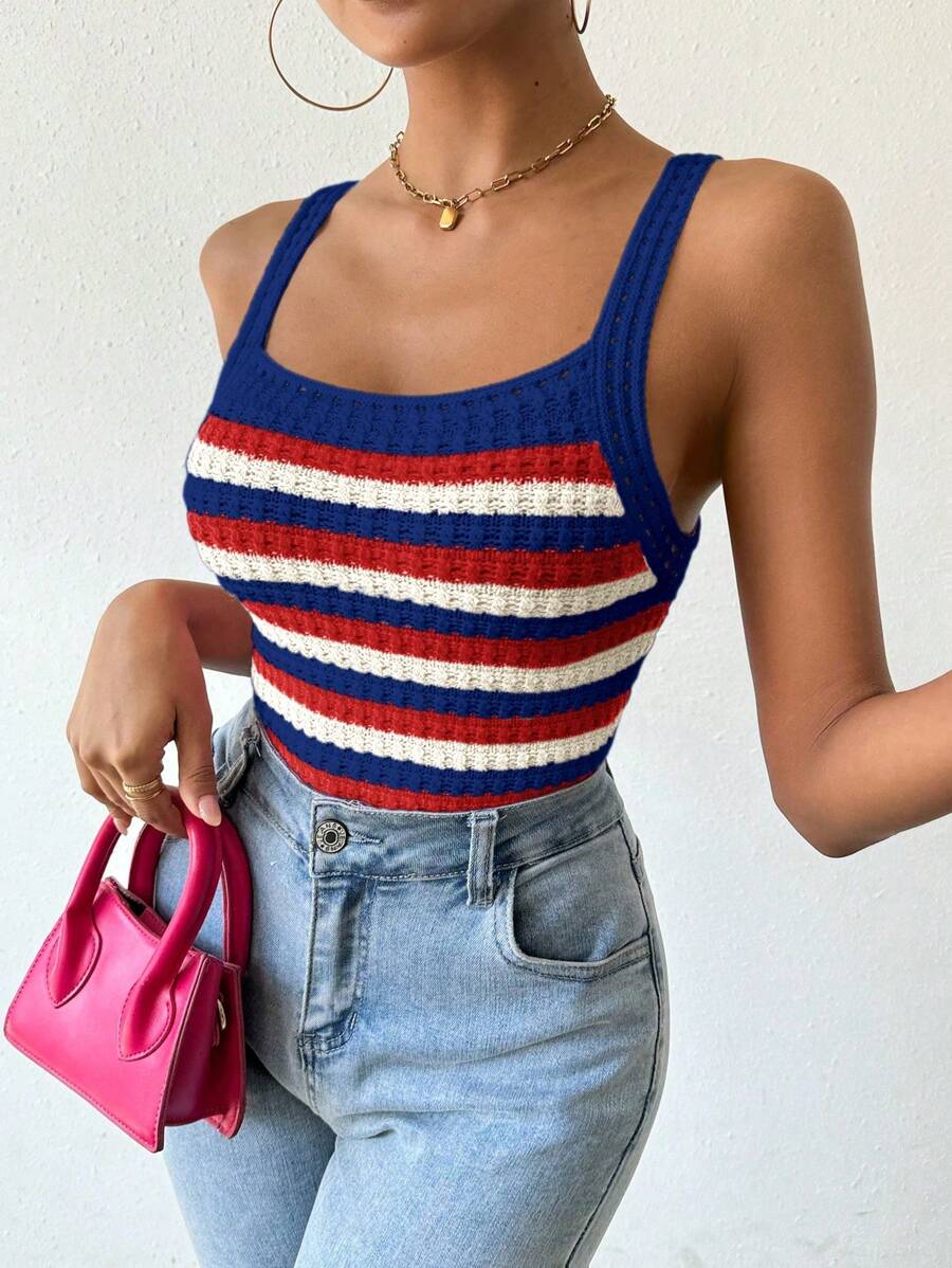 Breezaya Women's Colorful Striped & Printed Knitted Tank Top With Wide Straps - Multicolor - View 1