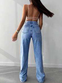 EURMUSE Zipper Fly Straight Leg Jeans - Light Wash - View 2