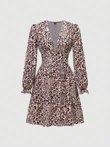 Chiquease Allover Print Deep V-Neck Casual Long Sleeve Dress - Khaki - View 1