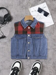 SHEIN Young Boy Casual Fashionable Contrasting Plaid Patchwork Blue Sleeveless Denim Vest Jacket For Vacation And Dailywear - Blue - View 1
