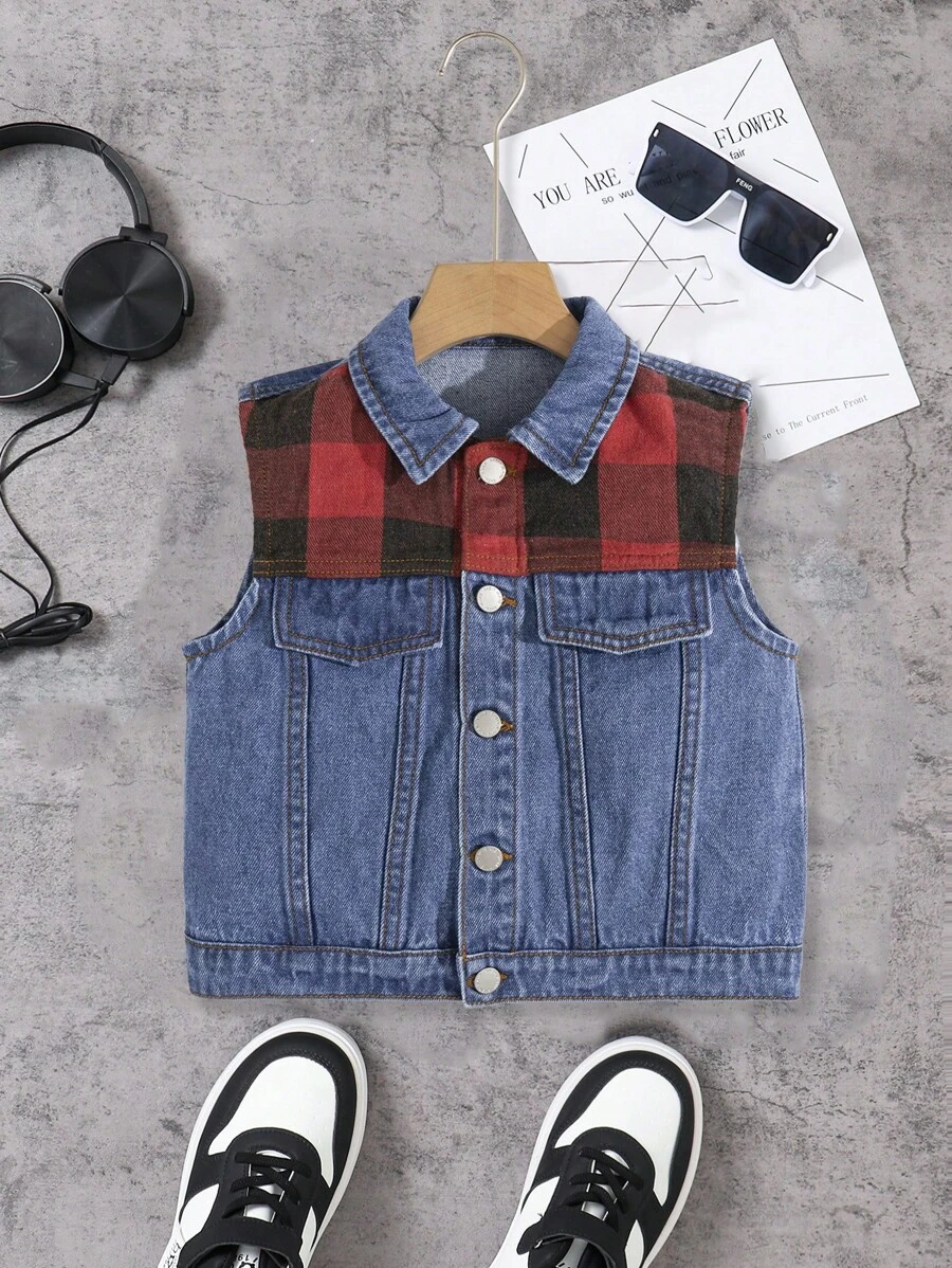 SHEIN Young Boy Casual Fashionable Contrasting Plaid Patchwork Blue Sleeveless Denim Vest Jacket For Vacation And Dailywear - Blue - View 1