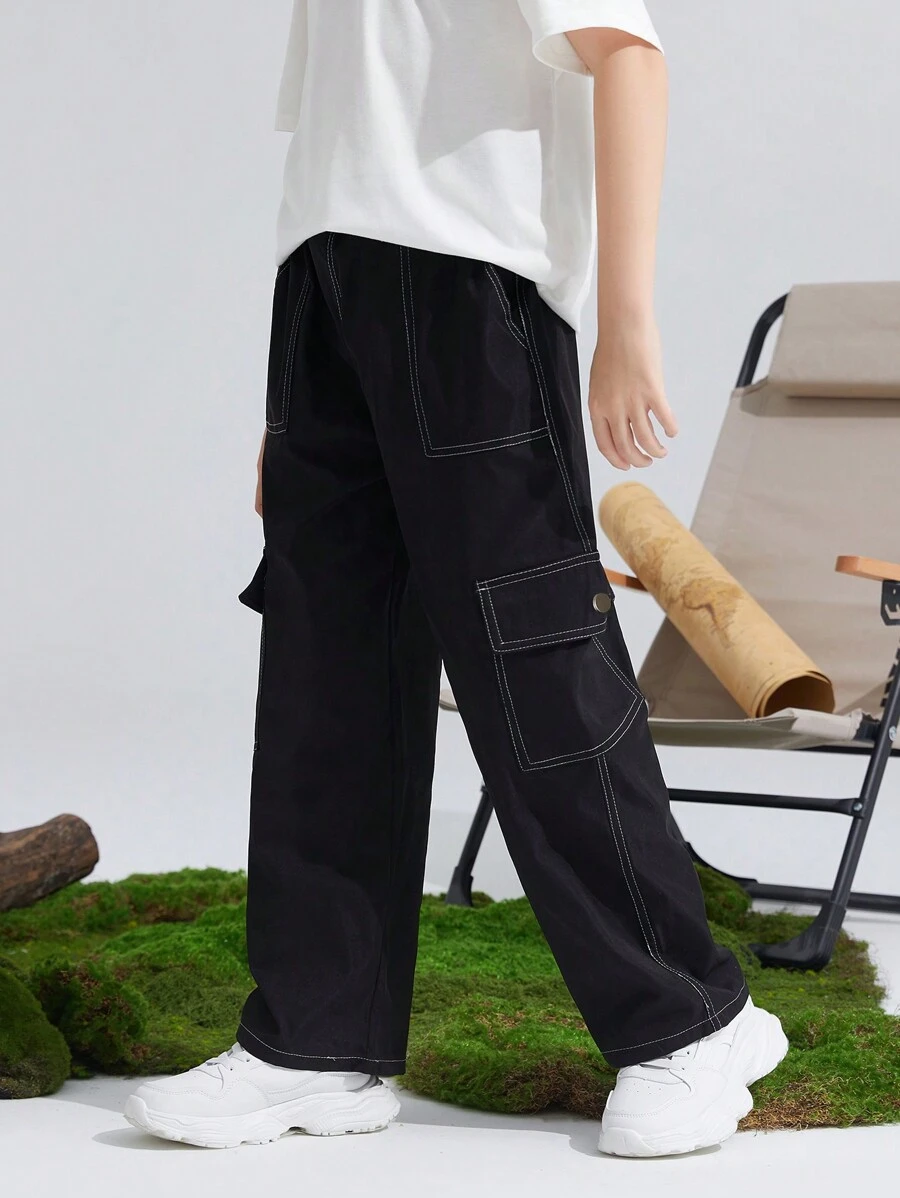 SHEIN Leap Crew Calças De Tecido Colorido Com Ajuste Casual Para Meninos Adolescentes, 1 Peça, Com Decoração De Linha, Adequadas Para Uso Diário, Calças Cargo Pretas - Preto - Visão 1