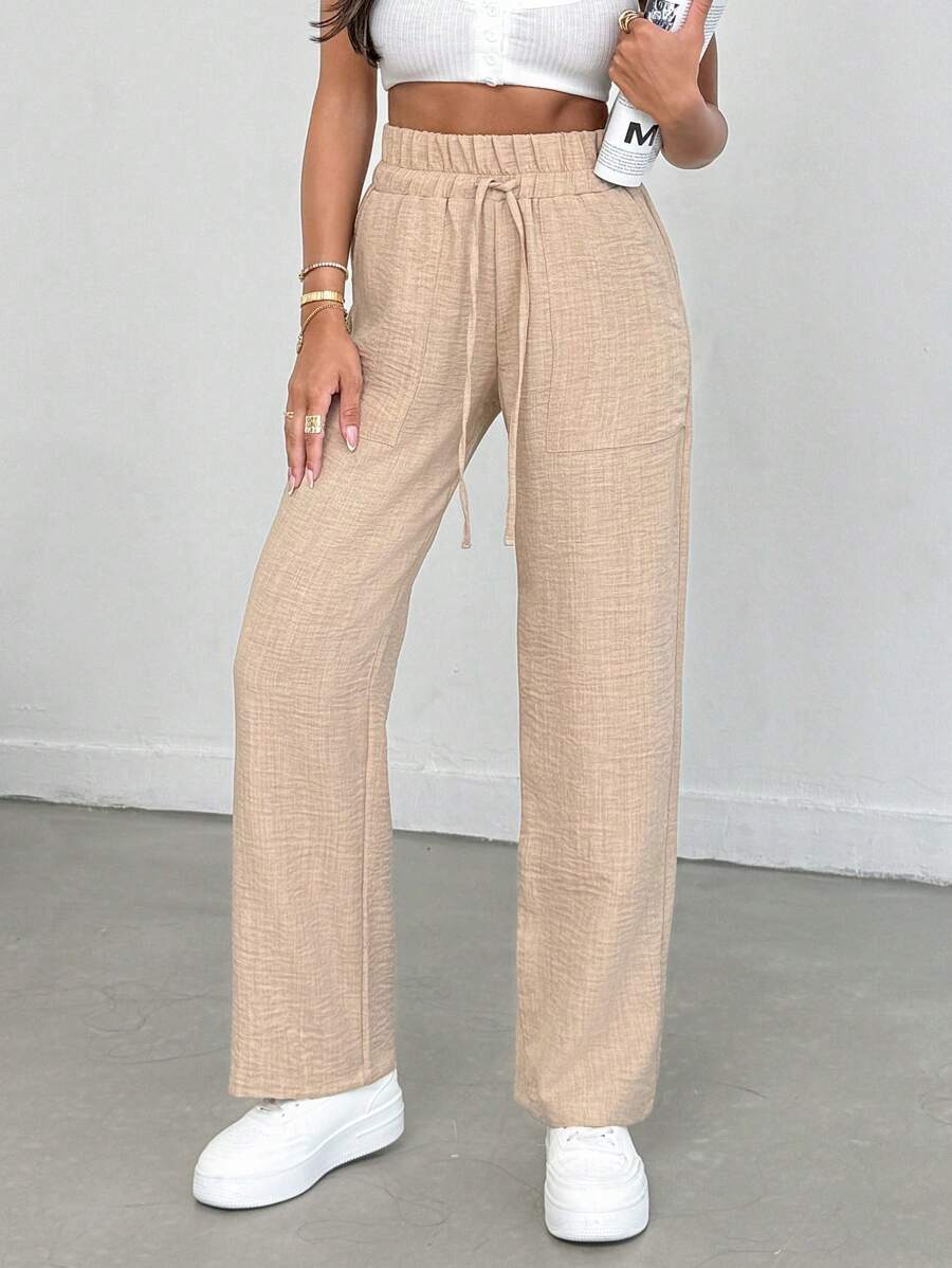 EURMUSE 女士休闲中腰直筒抽绳裤 - 米色 - 查看 1