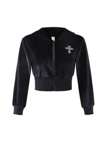 SHEIN Áo khoác hoodie ngắn in họa tiết đá pha lê nhung cho bé gái, thời trang đa năng - màu đen - Xem 1