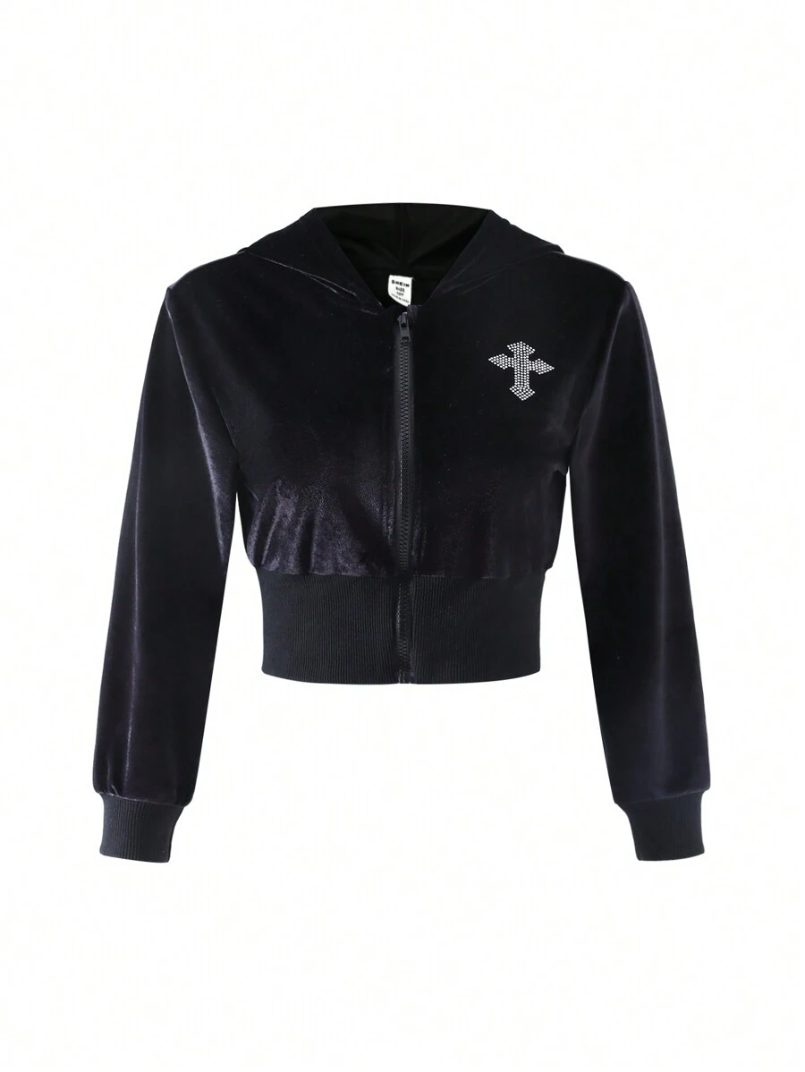 SHEIN Áo khoác hoodie ngắn in họa tiết đá pha lê nhung cho bé gái, thời trang đa năng - màu đen - Xem 1