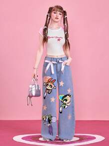 The Powerpuff Girls | ROMWE Quần Jeans Ống Rộng Họa Tiết Hình Hoạt Hình Cho Nữ, Trường Học - Màu xanh lam - Xem 3