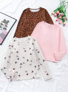 Tween-Mädchen Set aus langärmligem Oberteil mit Rundhalsausschnitt, einfarbig und Hose mit Schmetterlings /Leoparden Allover Print - Verschiedenfarbig - Übersicht 1