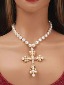 ROMWE Goth 1pc Faux Pearl & Bead Cross Pendant Necklace Suitable For Sending To Friends - Multicolor - View 1