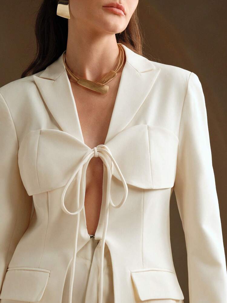 Single-Breasted Hollow Out Design Solid Color Blazer With Tie Front