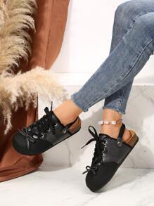 Scarpe da balletto nere con allacciatura a nastro e fiocco per donne, stile college, delicato e morbido suola piatta confortevole - nero - Visualizzare 7