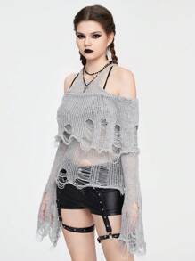 ROMWE Grunge Punk 女士露肩破洞時尚套頭毛衣 - 灰色 - 查看 4