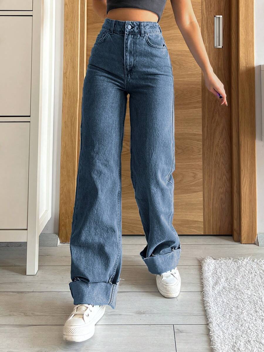 RueChic 高腰牛仔裤，带毛边 - 淺色水洗藍 - 查看 1