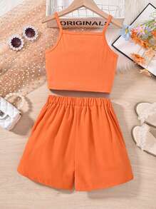 SHEIN Tween Girls' Fashionable 2pcs Set: Pink 3D Flower Cami Top & White Shorts - Orange - View 2