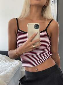 DAZY 女士條紋和印刷顏色拼接背心，邊緣處理 - 紅白色 - 查看 6