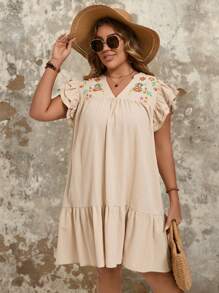 SHEIN VCAY Plus Size V-Neck Floral Embroidered Ruffle Hem Casual Dress - Apricot - View 5