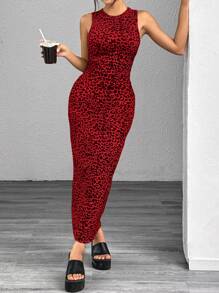 SHEIN EZwear Leopard Print Knitted Sleeveless Bodycon Dress For Women