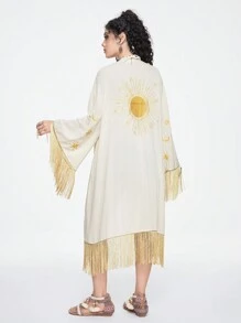 ROMWE Hippie Camiseta de manga larga para mujer con estampado de girasol y decoración de flecos