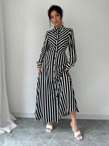 Selianne 女士时尚长袖翻领条纹连衣裙配腰带，适合通勤和休闲场合，女士休闲口袋长袖衬衫领常规版型长款黑白常规袖拼色，条纹衬衫女长裙，春季/秋季，休闲日常穿着长款女装 - 黑與白 - 查看 6