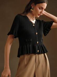 Anewsta 女士优雅 V 领黑色针织毛衣 - 黑色 - 查看 1