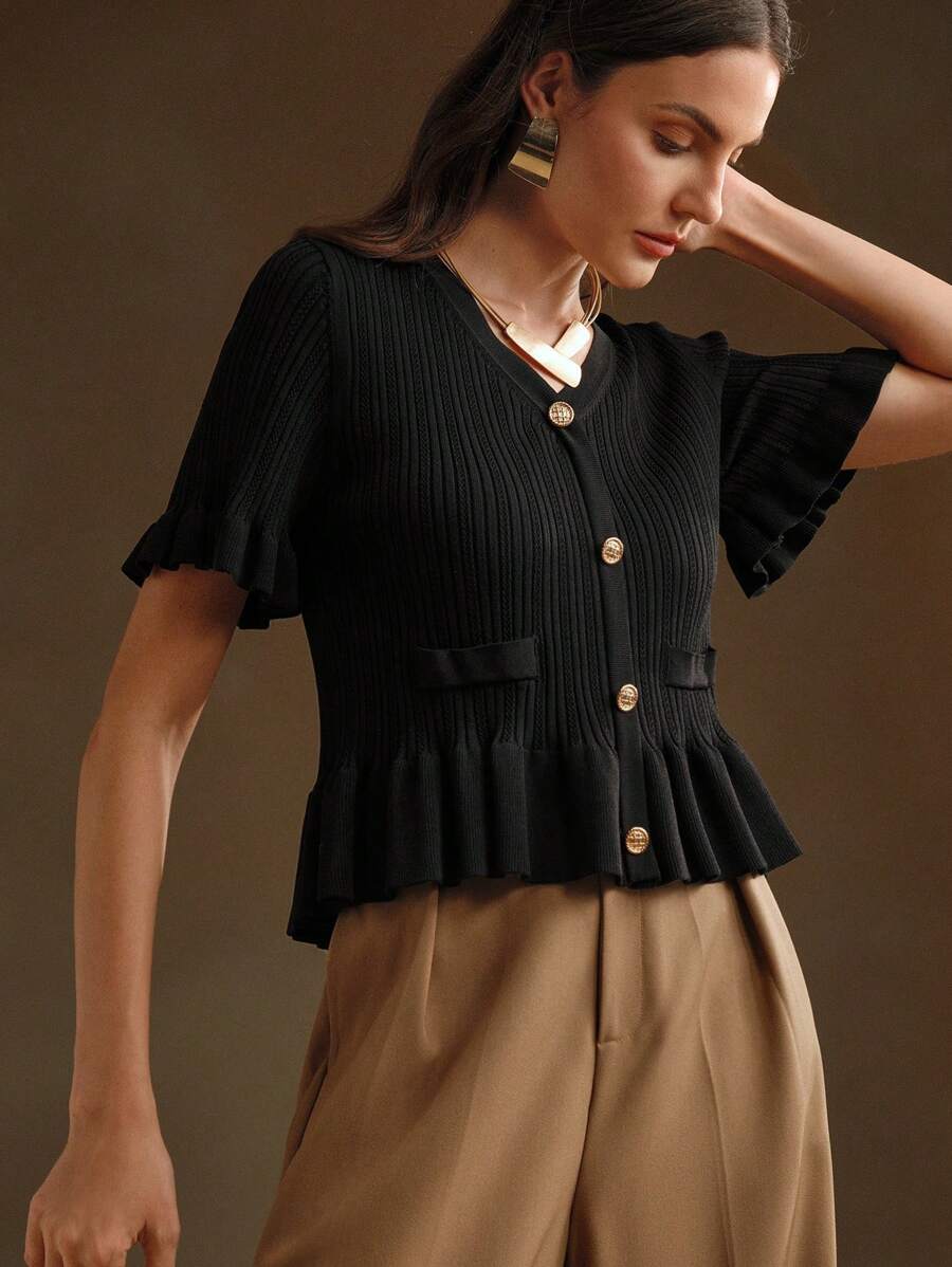 Anewsta 女士优雅 V 领黑色针织毛衣 - 黑色 - 查看 1