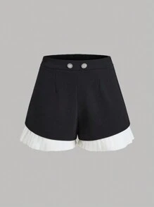 SHEIN Privé Falda pantalón negra de mujer con contraste de colores y cintura alta acampanada - Blanco y Negro - Ver 1