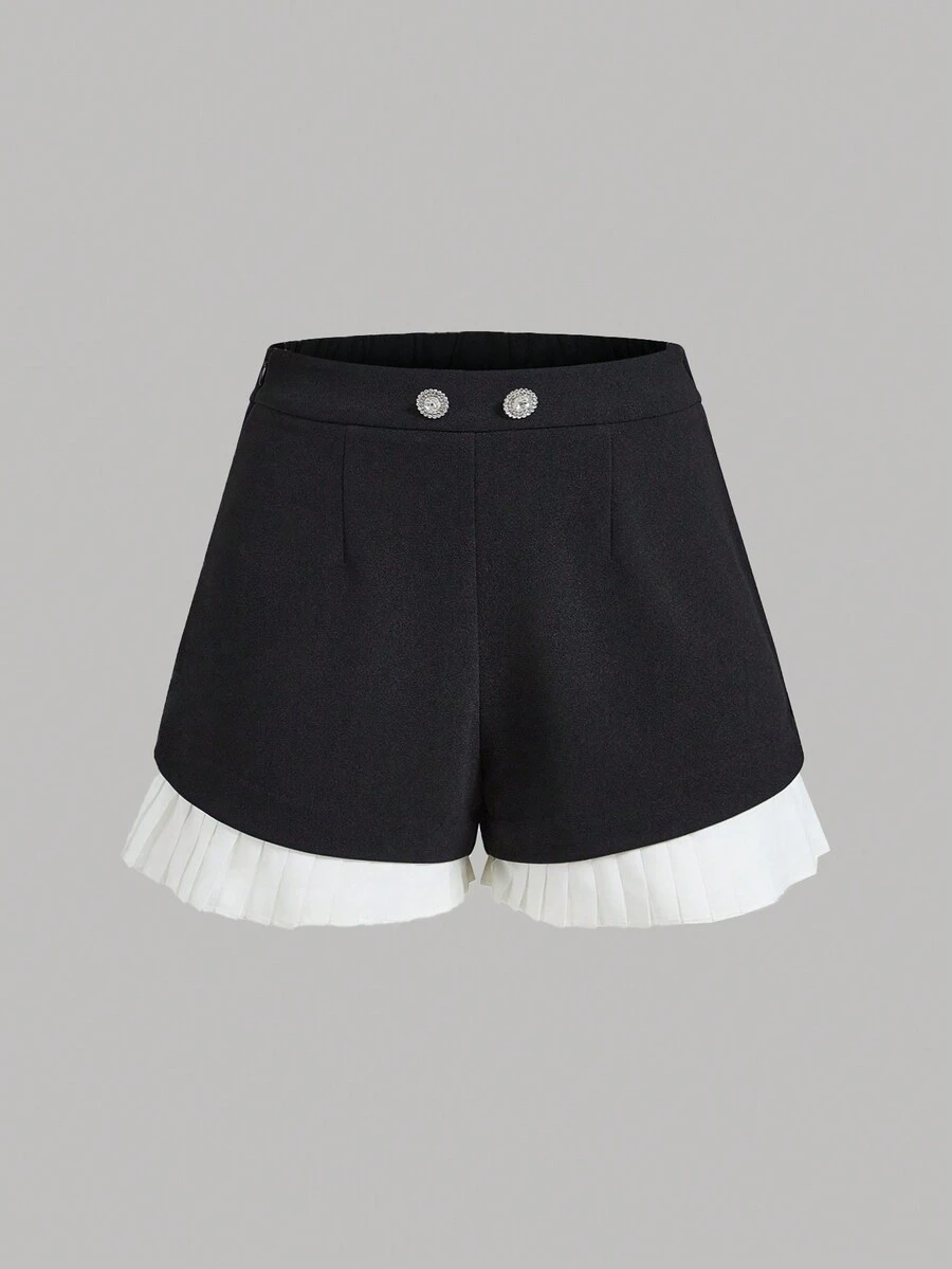 SHEIN Privé Falda pantalón negra de mujer con contraste de colores y cintura alta acampanada - Blanco y Negro - Ver 1