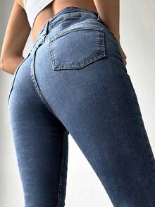 EURMUSE High Waist Cat Scratch Skinny Jeans - Dark Wash - View 5