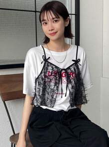 FRIFUL Ladies' Solid Color Simple Daily Wear Lace Bowknot Tie Back Tank Top - Black - View 4
