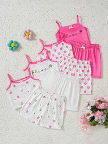 SHEIN 8pcs Baby Girls' Comfortable And Fun Floral Camisole Top And Shorts Set For Spring/Summer, Suitable For Home And Outdoors - Multicolor - View 7