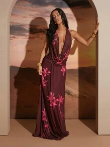 SHEIN Unity Robe fleurie à col bénitier et dos nu, robe élégante, robe fleurie, robe de vacances - Rouge foncé - Voir 1