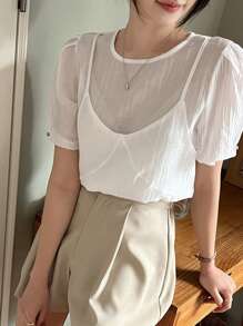 DAZY 女士纯色圆领二合一宽松短袖衬衫，荷叶边透视 - 白色 - 查看 4