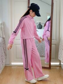SHEIN Tween Girl 编织缎带蝴蝶结短夹克 + 阔腿长裤两件套 - 粉色 - 查看 3