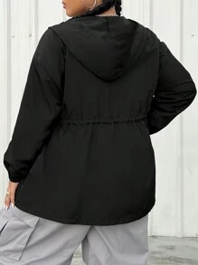 SHEIN CURVE+ Plus solidna kurtka z kapturem, zapinana na zamek i sznurkiem - Czarne - Zobacz 5