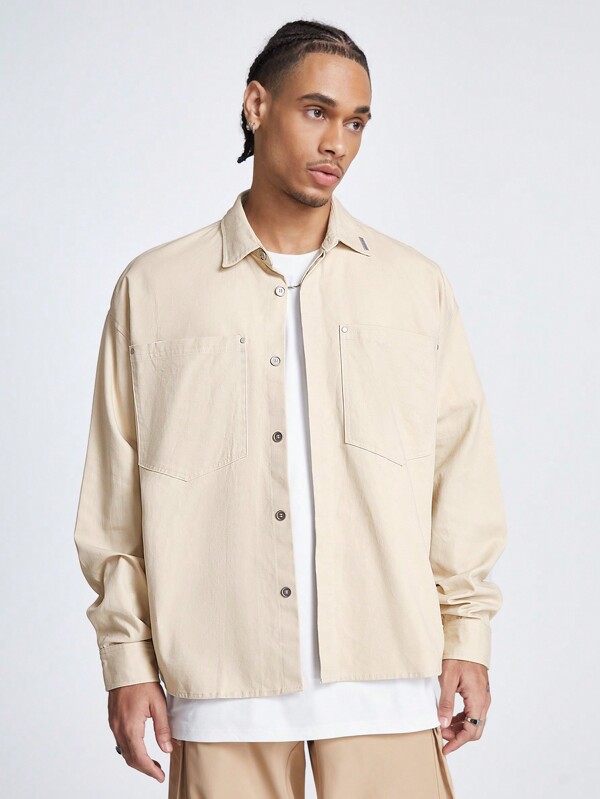 Manfinity VCAY Men's Loose Long Sleeve Shacket Work Plain Fashion Shacket For Friends