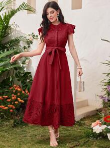 Modelyn Vestido largo de mujer de color rojo burdeos de uso diario sencillo con cinturón, vestido de noche para mujer