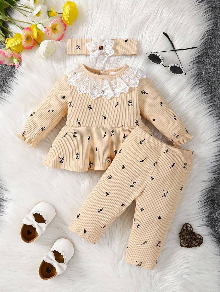 SHEIN Baby Girls' Long Sleeve Casual Ribbed Track Suit With Digital Print, 2pcs/Set - Apricot - View 1