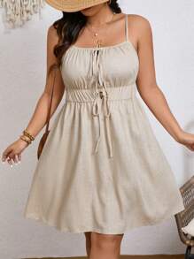 SHEIN Frenchy Plus Size Country Solid Color Spaghetti Strap Tie Waist Pleated Midi Dress, Khaki Casual Vacation - Apricot - View 1