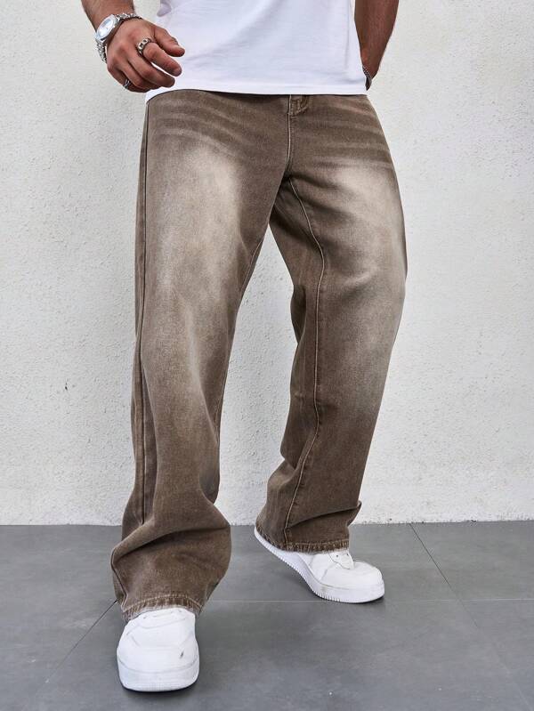 Manfinity Homme Men's Solid Color Simple Daily Denim Jeans, Plain Dark Jeans Long Baggy Washed Cargo Jeans, For Husband, Boyfriend Gifts