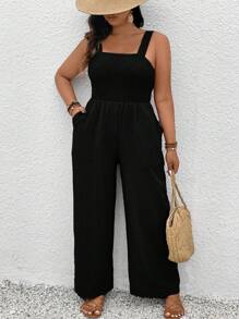 SHEIN Clasi 加大码纯色无袖连体裤，配有宽肩带和口袋 - 黑色 - 查看 5